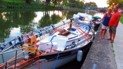 Unique Canadian sailboat docks in Lyons on Friday night